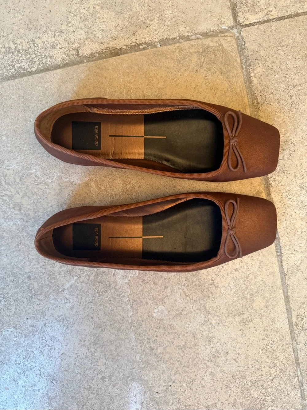 Dolce Vita Copper Brown Square-Toe Ballet Flats with Bow Detail